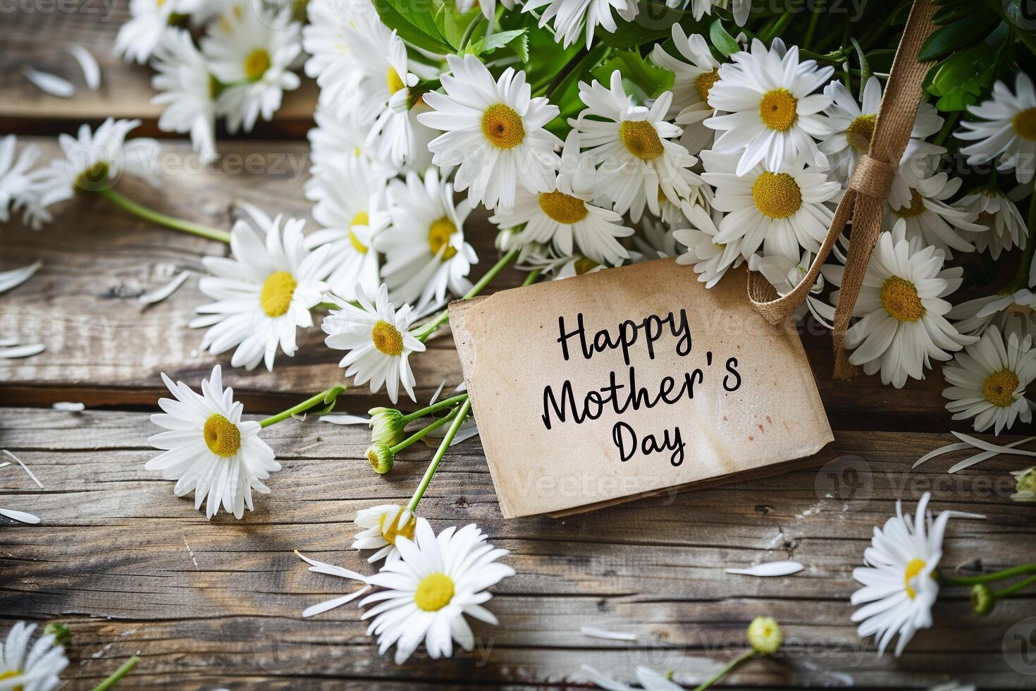 Heartwarming handwritten greeting card surrounded with vibrant white daisies. photo