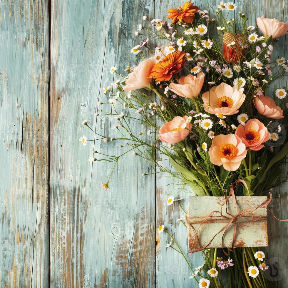 Greeting card and flower bouquet for Mother's Day design concept. photo