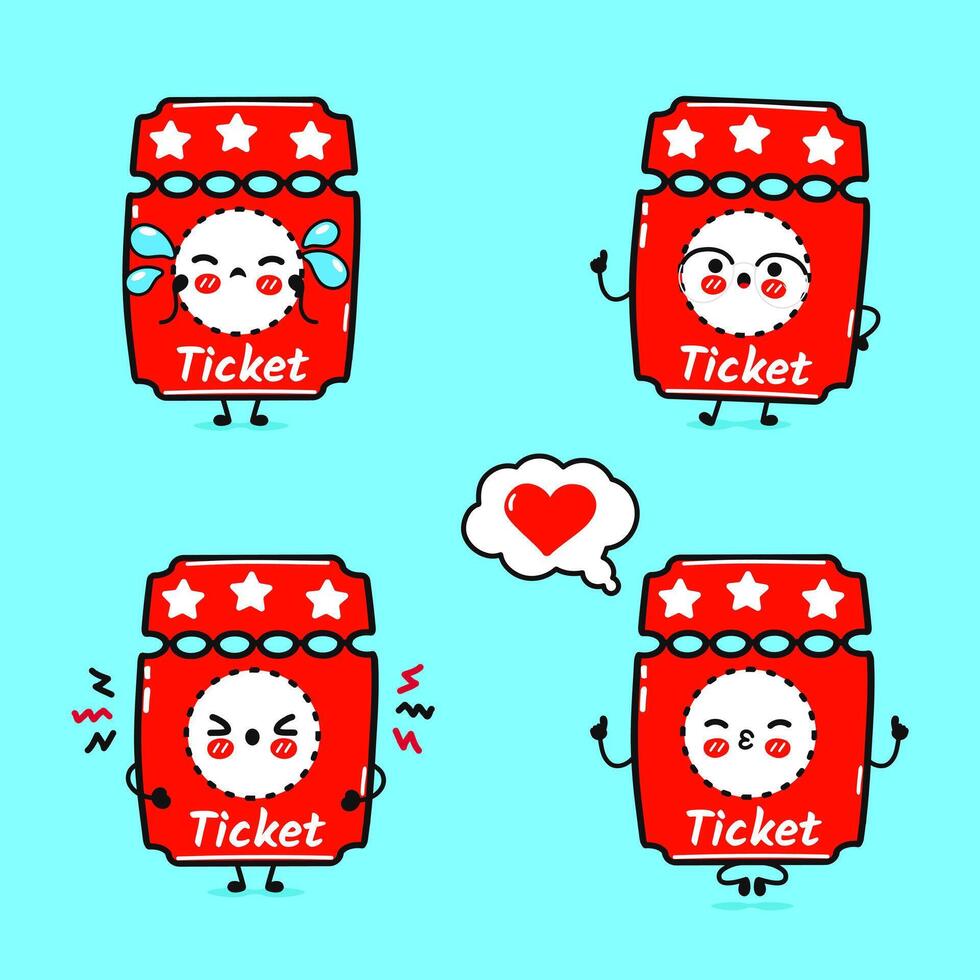Funny cute happy Cinema ticket characters bundle set. Hand drawn doodle style cartoon character illustration. Isolated on blue background. Ticket mascot character collection vector
