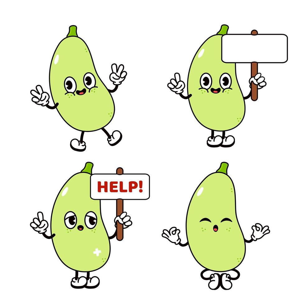 Vegetable marrow character bundle set. Hand drawn doodle style traditional cartoon vintage, retro character illustration design. Isolated white background. Vegetable marrow mascot character vector