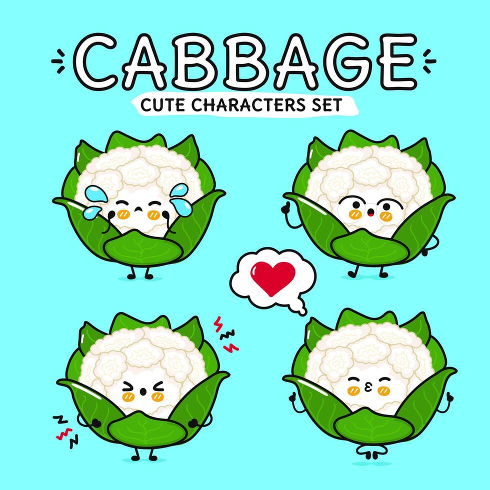 Funny cute happy Broccoli characters bundle set. Hand drawn doodle style cartoon character illustration. Isolated on blue background. Broccoli mascot character collection vector