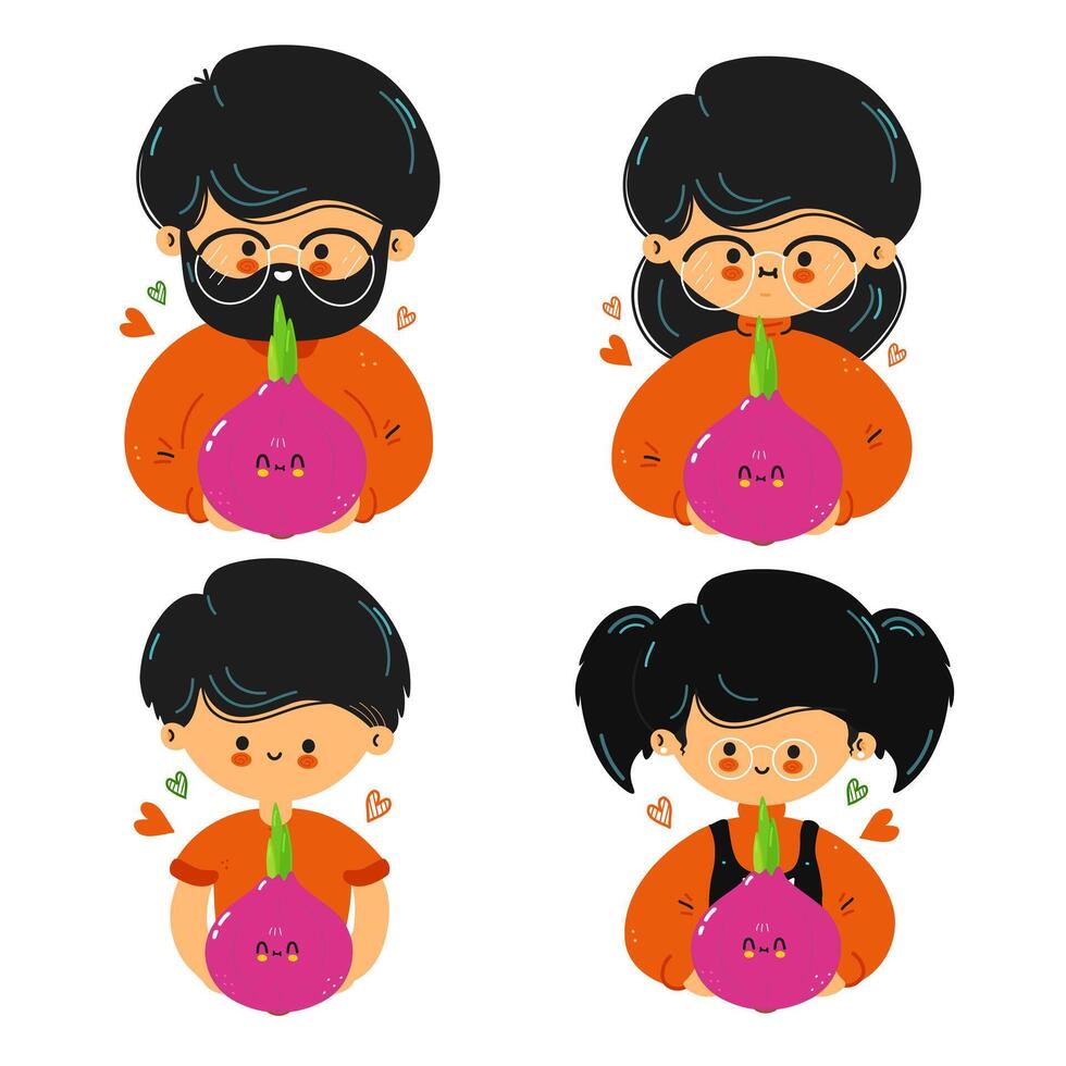 Cute funny family hold red onion in hand. Family hugs cute onion. Isolated on white background vector