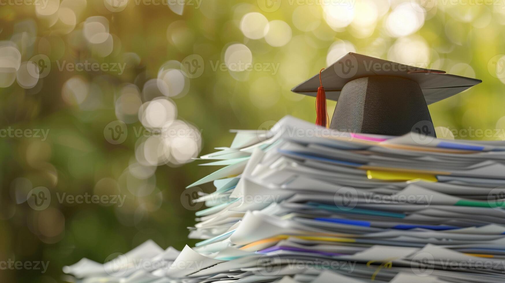 A graduation bachelor cap on a stack of paper, new graduate job hunting concept. photo