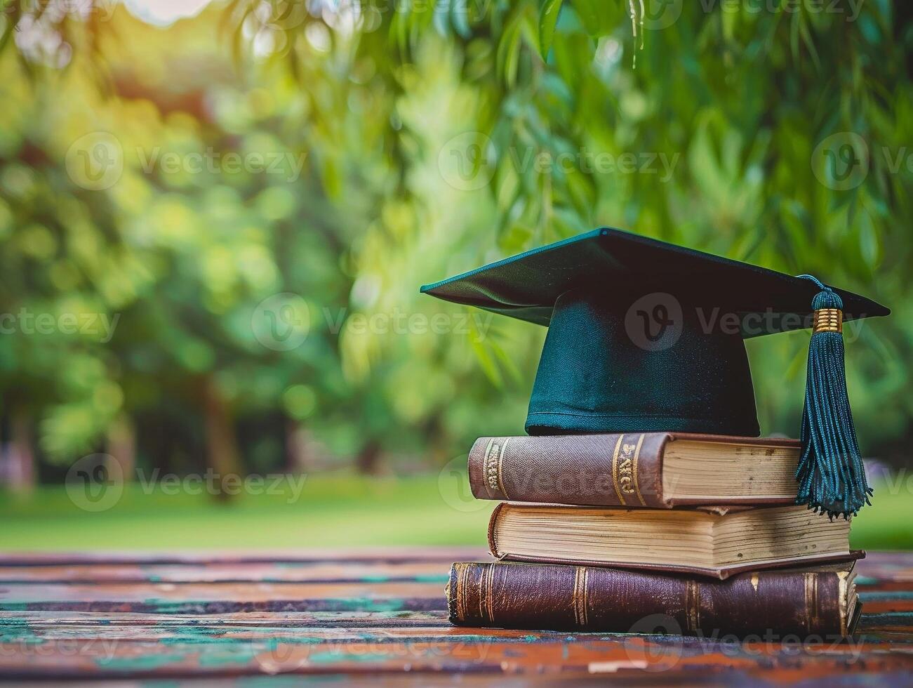 A graduation bachelor cap on a stack of book, knowledge and education concept. photo