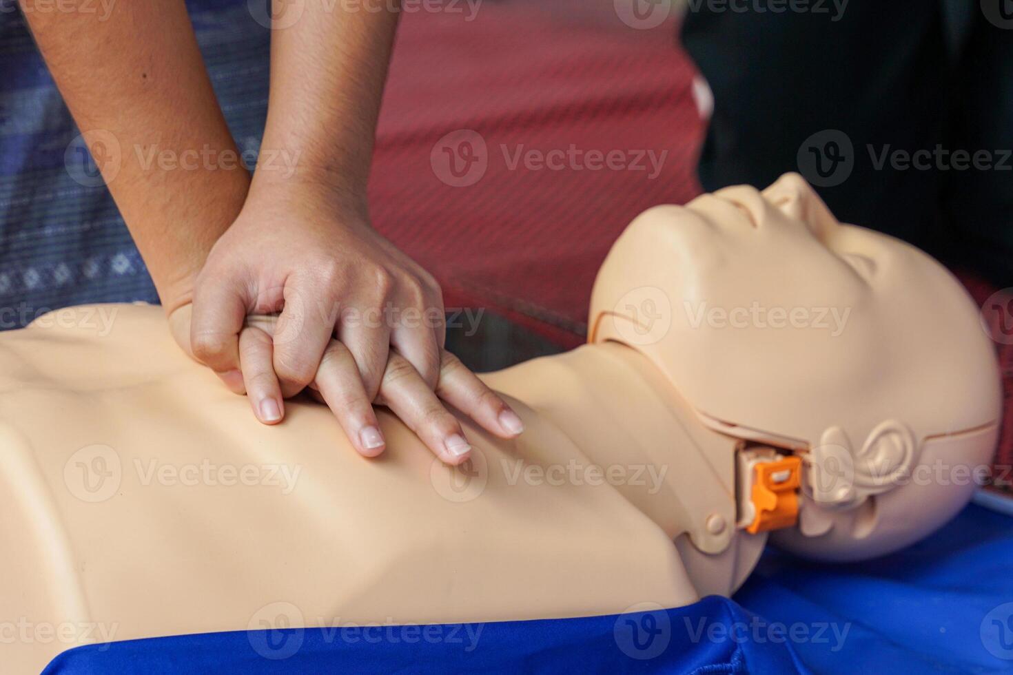 Asian Young Red Cross students practice CPR with a manikin during a training course on helping patients who are dying to breathe back to breathing. or breathing can circulate normally. photo