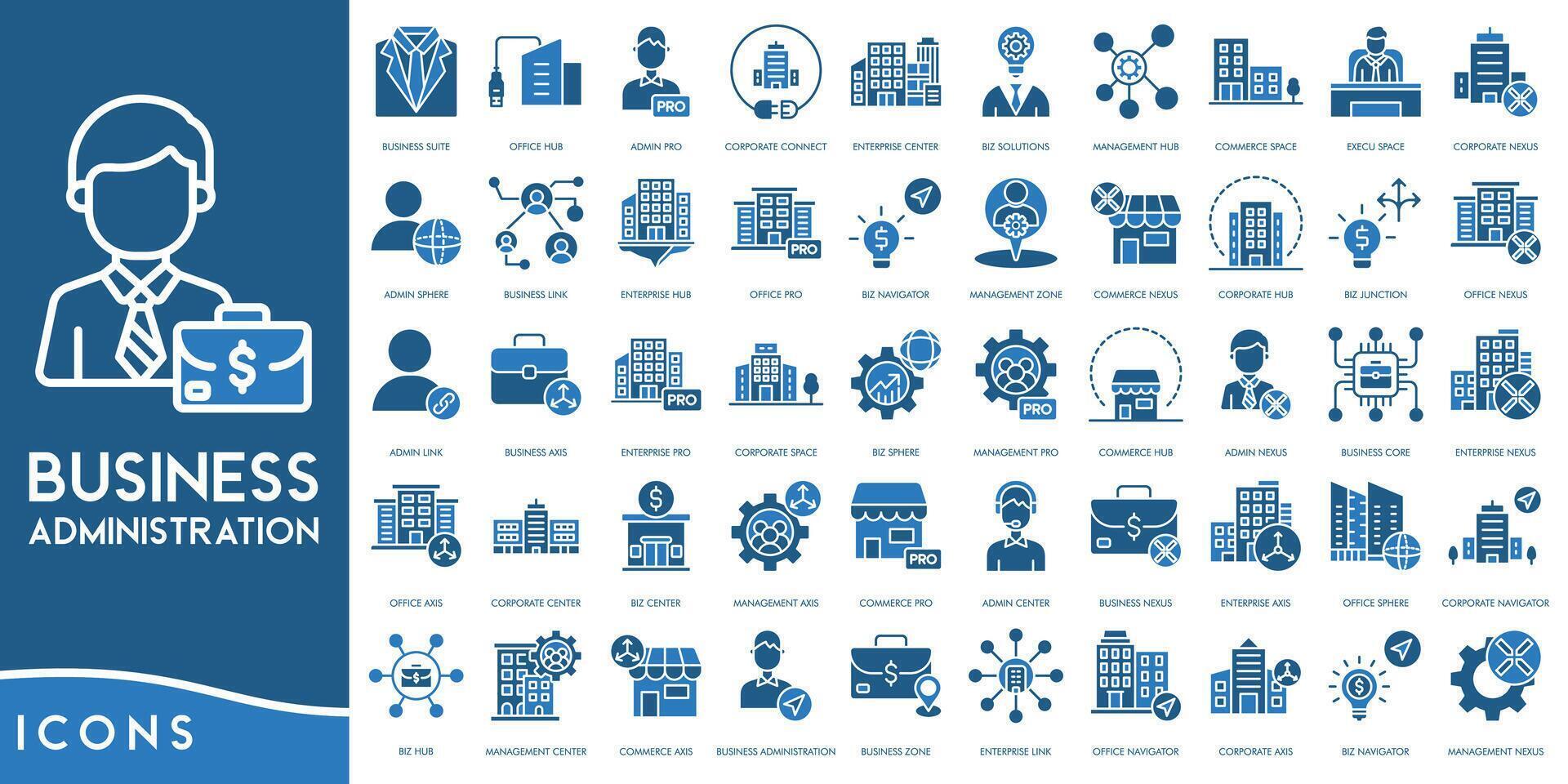 Business Administration icon line. Business Suite, Office Hub, Admin Pro, Corporate Connect, Enterprise Center, Biz Solutions, Management Hub, Commerce vector