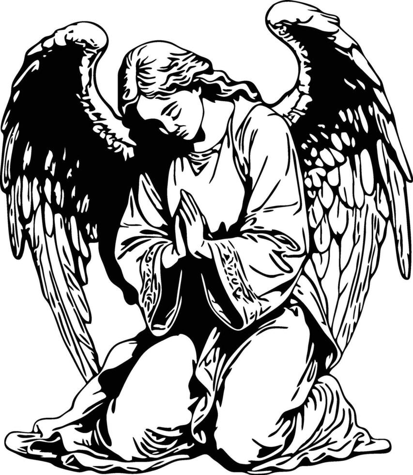 kneeling angel with wings praying with head down outline silhouette vector