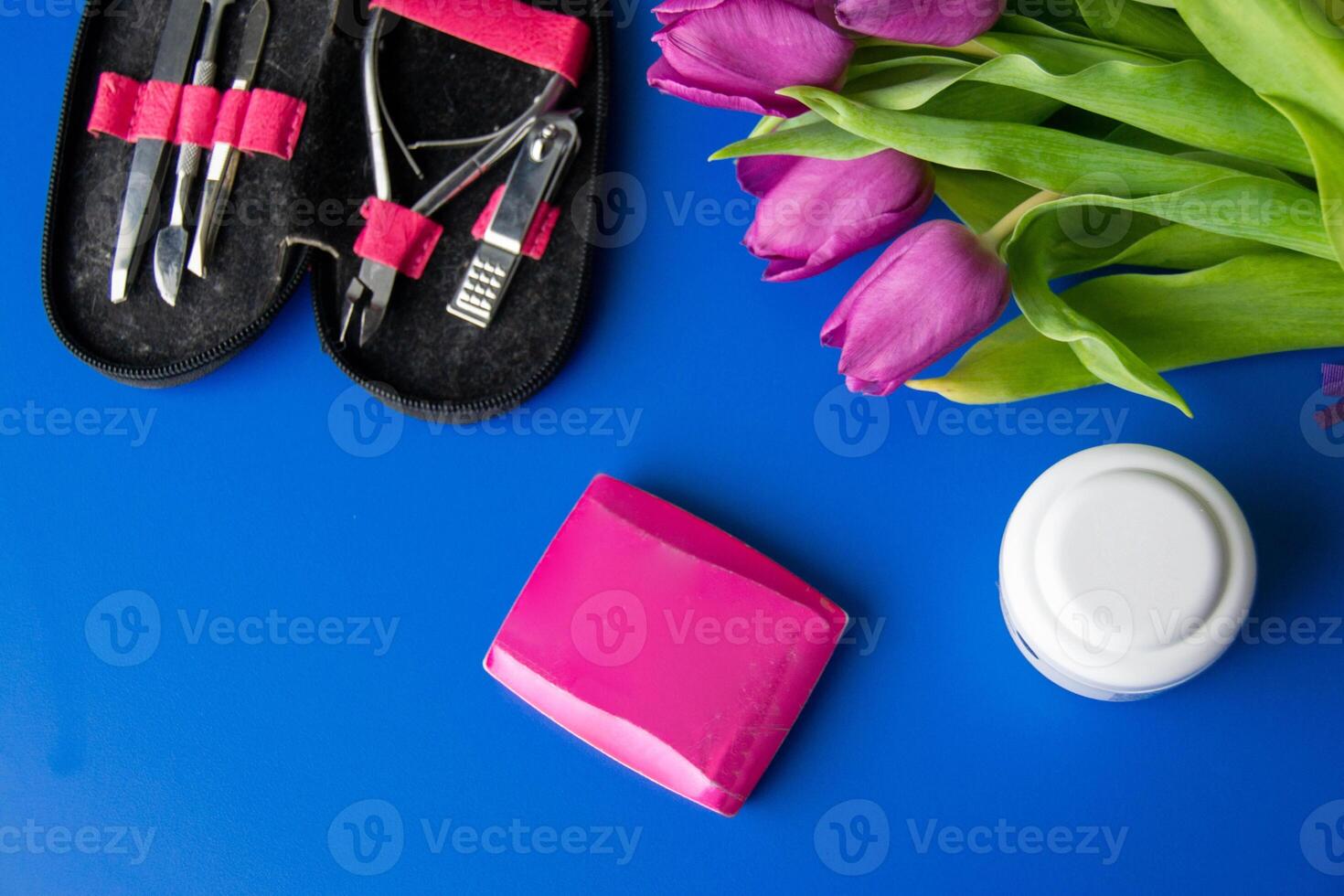 Tools and cosmetics needed for nail styling on a white background. photo