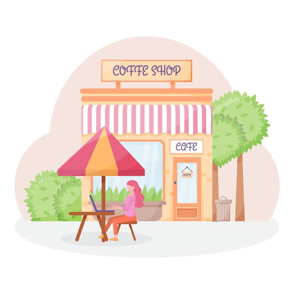 A woman sits on the street at a table in a cafe and works on a laptop. vector