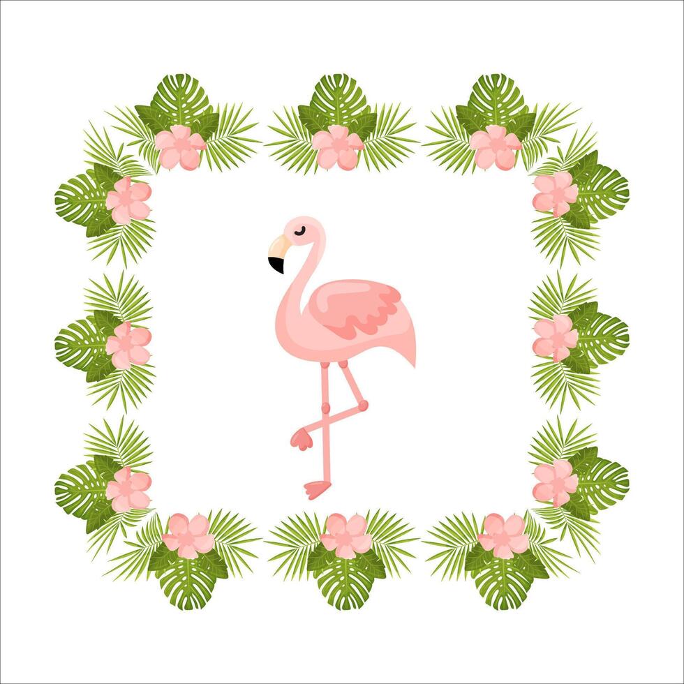 Tropical Flowers and Flamingo Summer Banner, Graphic Background, Exotic Floral Invitation, Flyer or Card. vector
