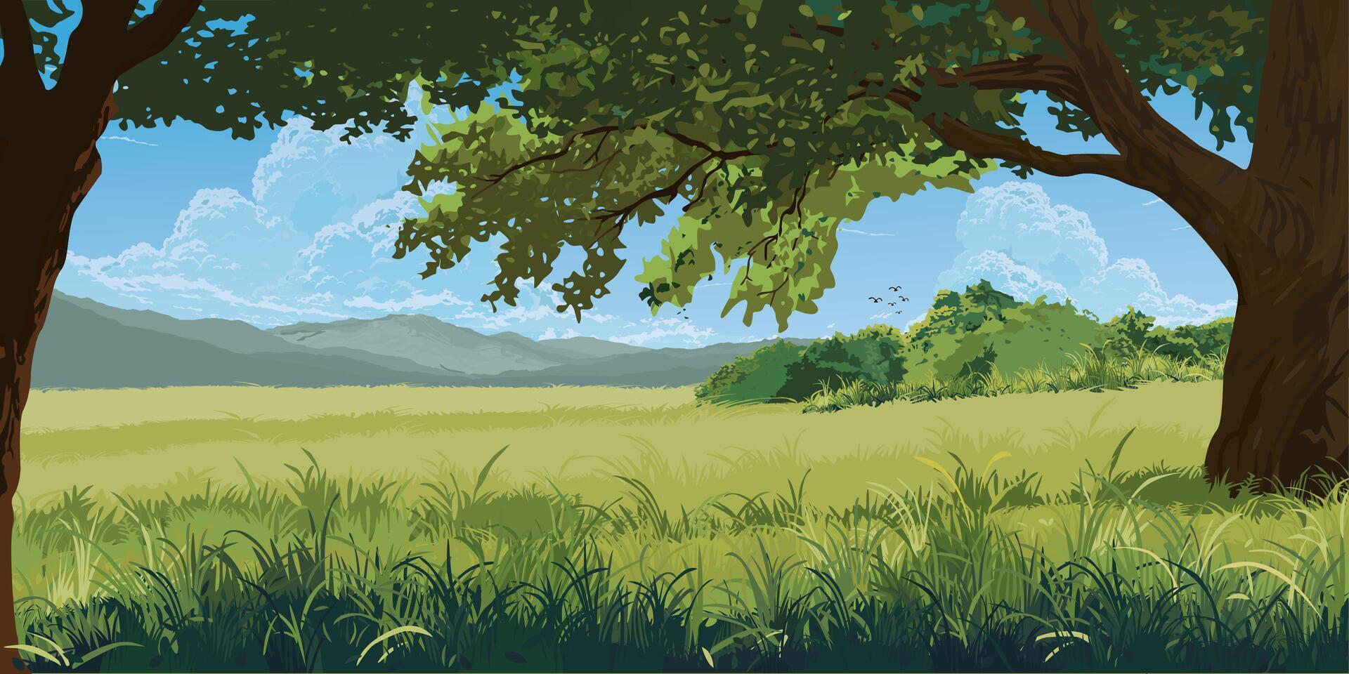 Countryside glass fields landscape with mountain range flat design graphic illustration. vector