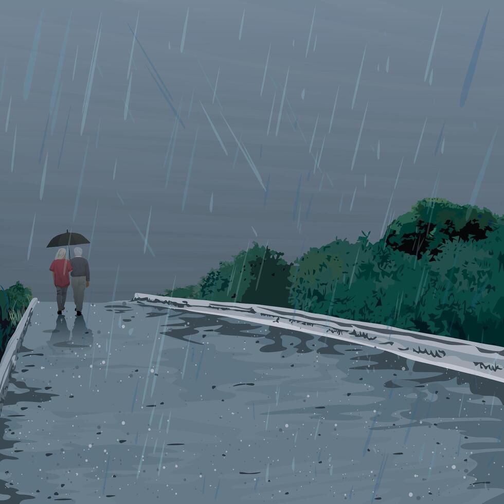Couple of elderly lover walking in rain with umbrella at countryside flat design graphic illustrated. vector