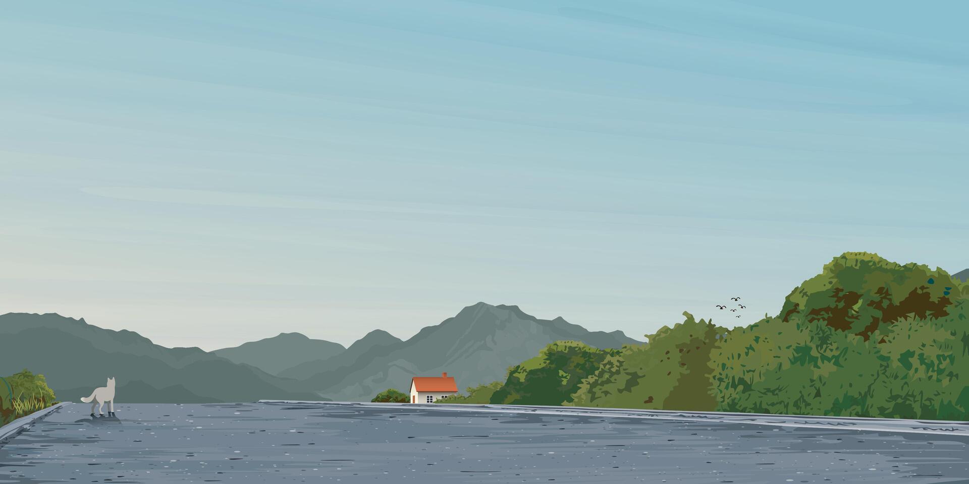 Wolf on local road through the valley at countryside in the morning flat design graphic illustrated have blank space. vector