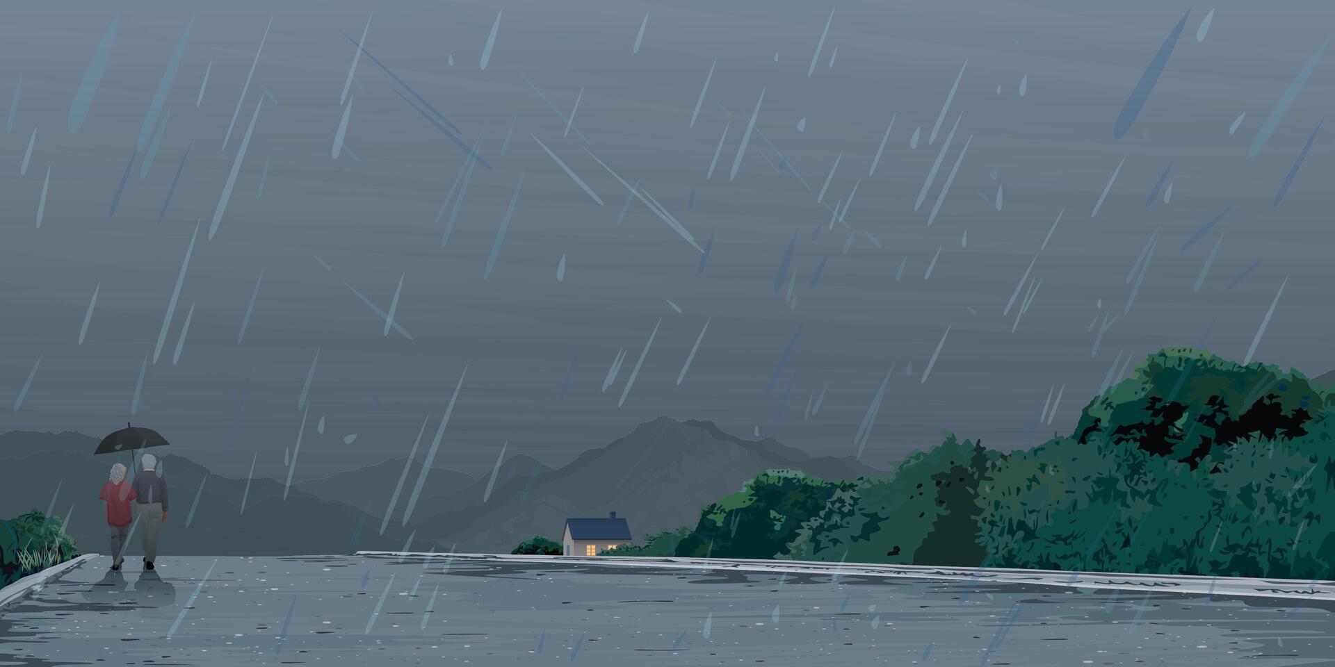 Couple of elderly lover walking in rain with umbrella back to home at countryside flat design graphic illustrated have blank space. vector