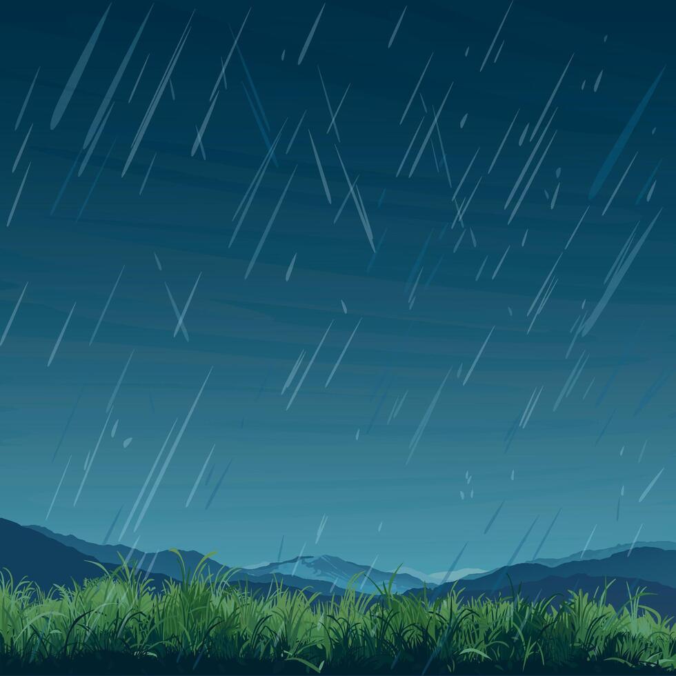 Raining in countryside landscape have glass fields, mountain range and dusk sky background flat design graphic illustration have blank space. vector