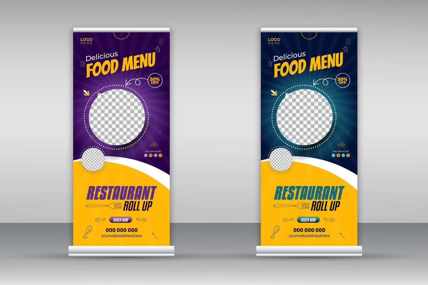 Delicious food menu roll-up banner design template for restaurant in purple and blue color bundle, modern and special fast food menu design pull-up banner for business promotion set vector