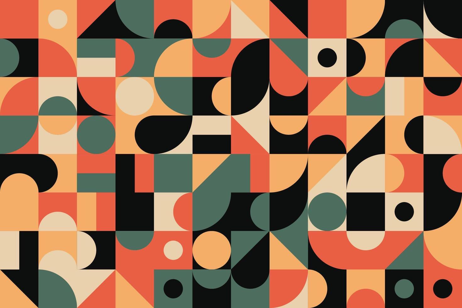 Warm-toned abstract geometric pattern with a retro vibe, showcasing circles and curved shapes in orange, green, and black vector