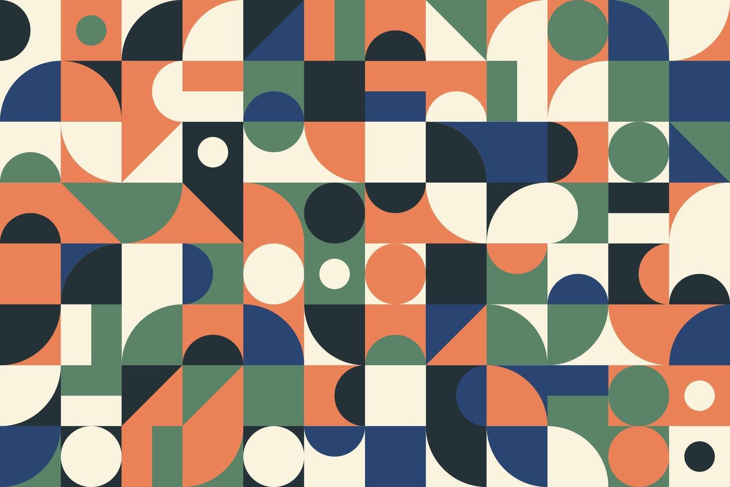 Chic geometric backdrop featuring an array of circles and squares in earthy green, orange, and navy tones vector