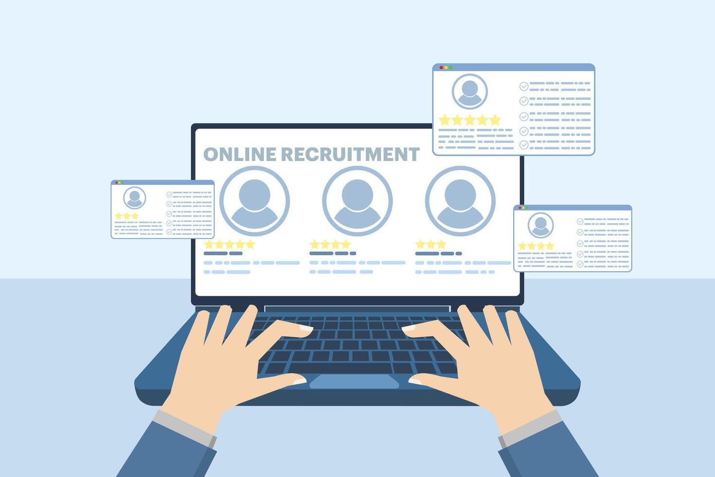 The recruitment concept is carried out online. online job search and human resources, new employee recruitment, creative human resources job search. flat illustration on white background. vector