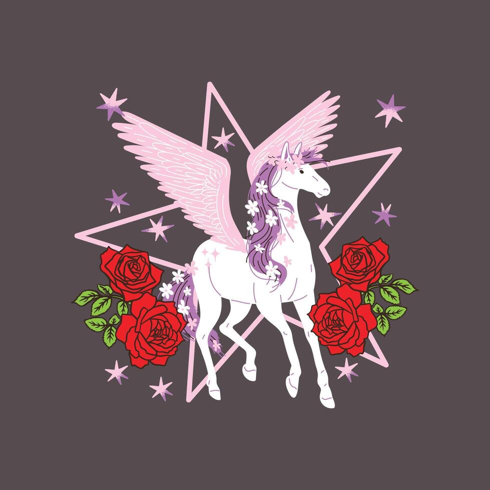 Magic Pegasus Horse, Pegasus with rose, The unicorn a bouquet of roses and star on black background composition for a card poster, Fantastic horse with wings, Unicorn clouds and roses, Horse printed. vector