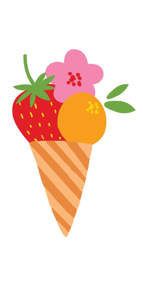 Strawberry Ice Cream, Dragon Fruit Ice Cream, Cute ice cream waffle cone with balls of different flavors, Ice cream with strawberry and mint flavor in wafer cone with strawberries and mint leaves. vector