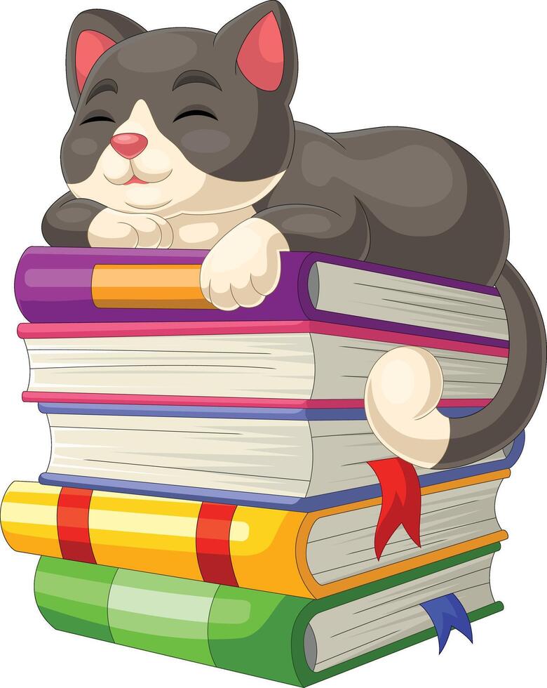 Cute cat cartoon sleeping on pile of books vector