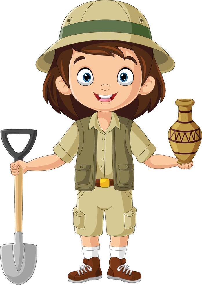 Cartoon archaeologist girl on white background vector