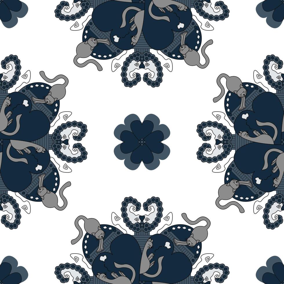 Seamless Pattern. Cat stretching and Cat sleeping. Blue and Gray. vector