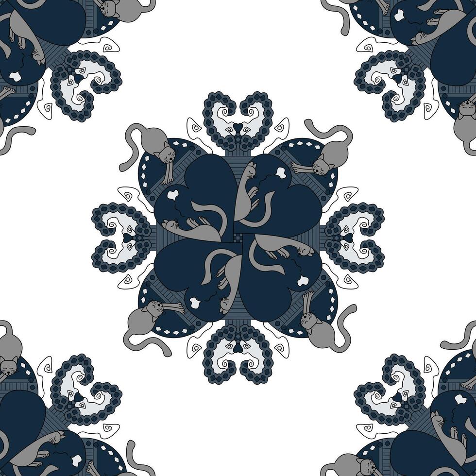 Seamless Pattern. Cat stretching and Cat sleeping. Blue and Gray. vector
