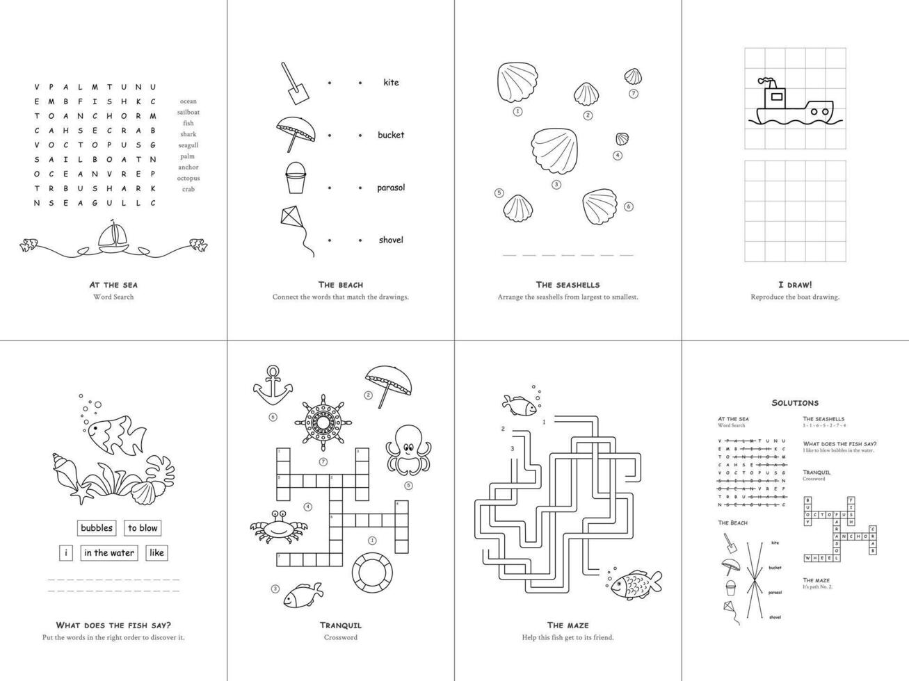 Games. Sea Theme. English language. Set No. 2. vector