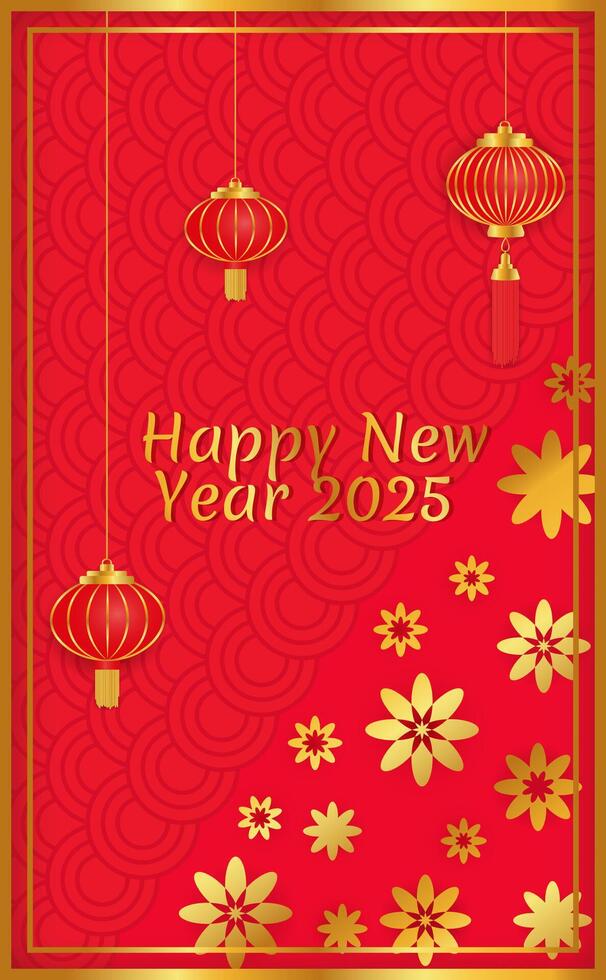 New Year of the Snake 2025, Chinese New Year card with lanterns and flowers vector