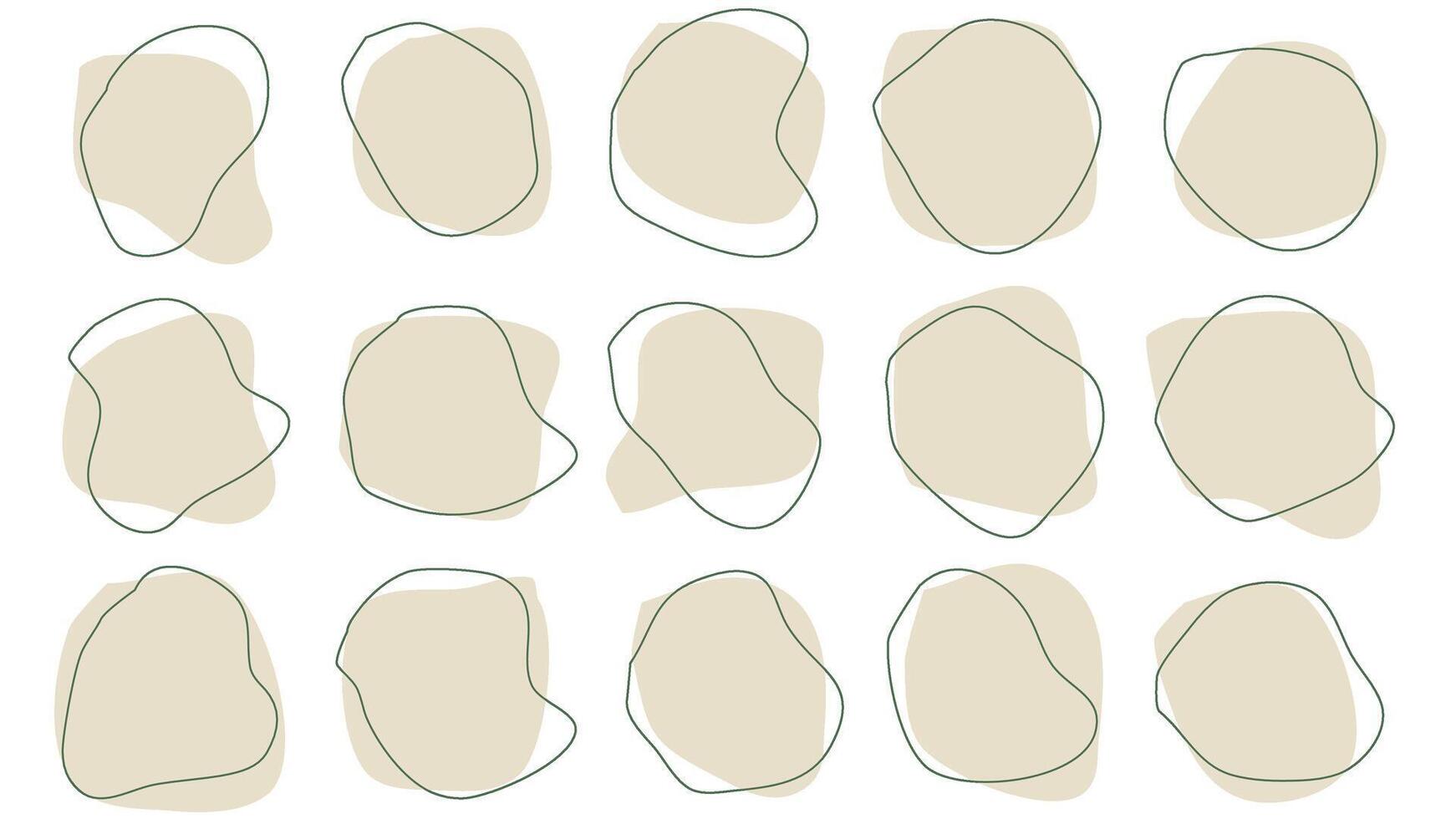 15 Modern bright brown drop Shapes liquid irregular blob with dark Green line abstract elements graphic flat style design fluid illustration set vector