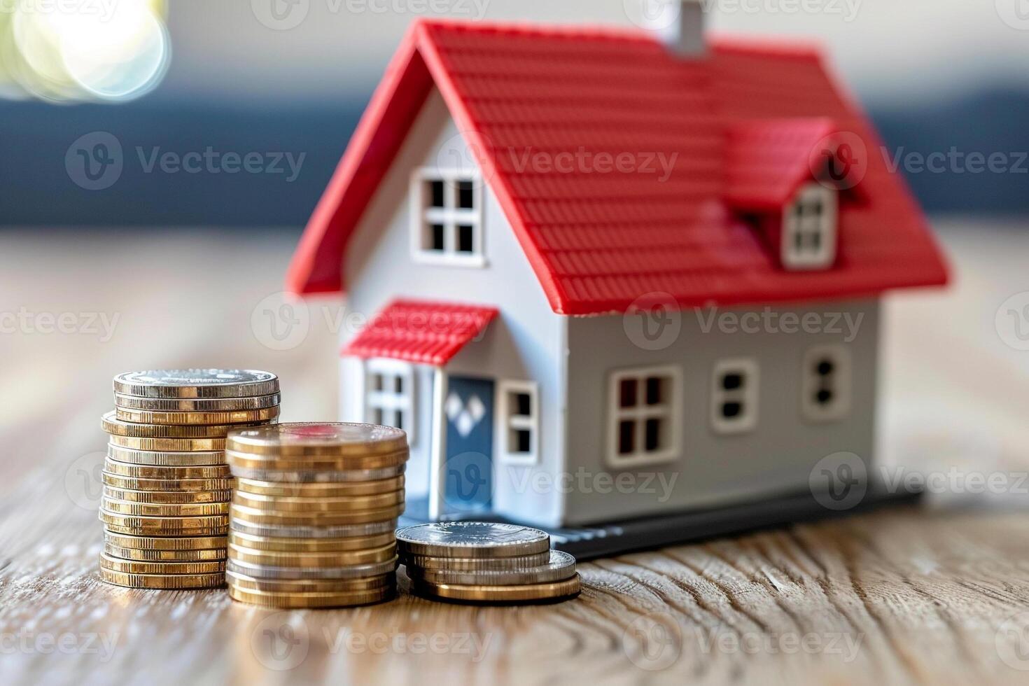 Wooden house model surrounded by coin stacks, symbolizing real estate investment and savings photo