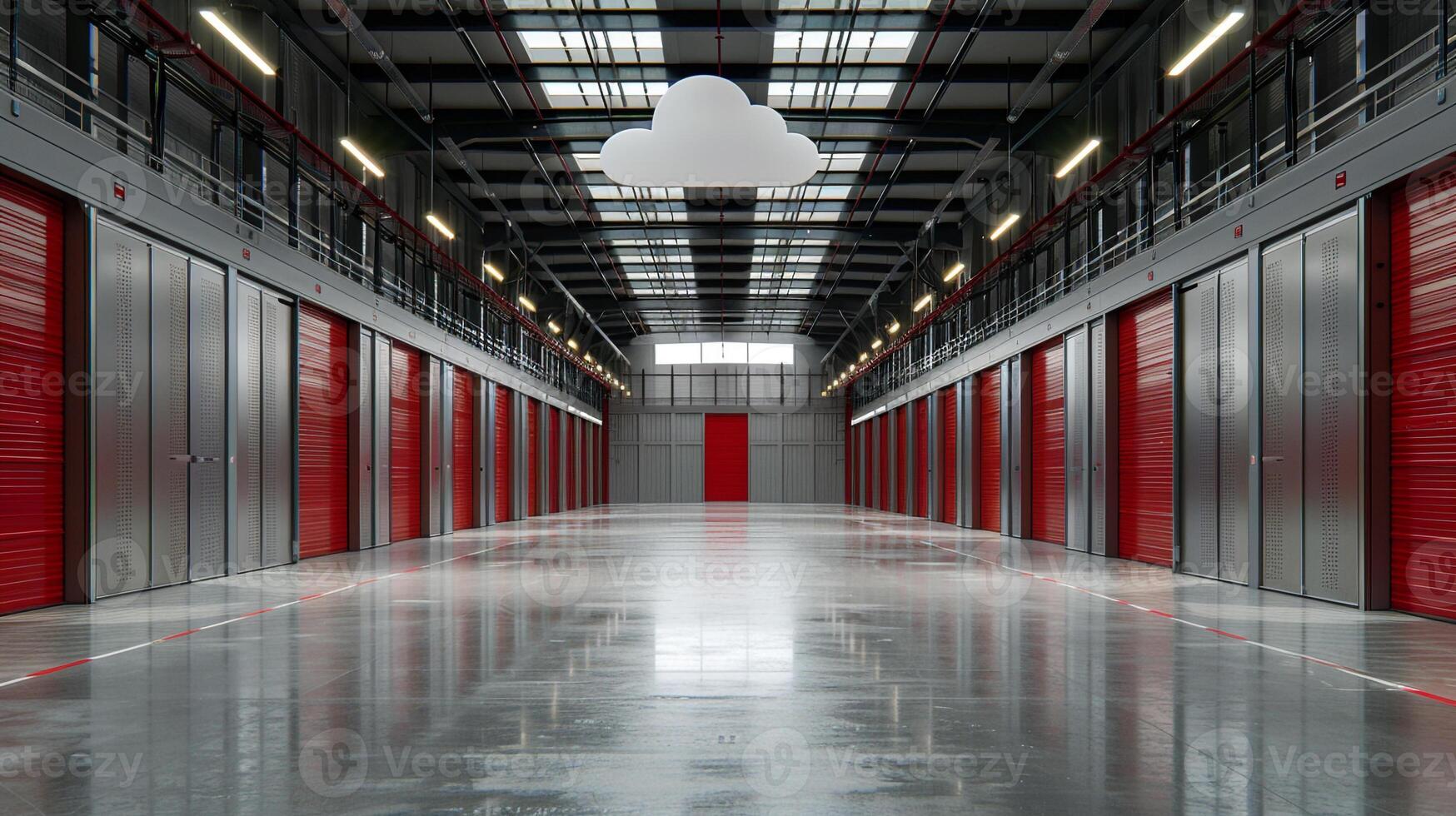 A sleek warehouse corridor lined with red storage units under a symbolic cloud photo