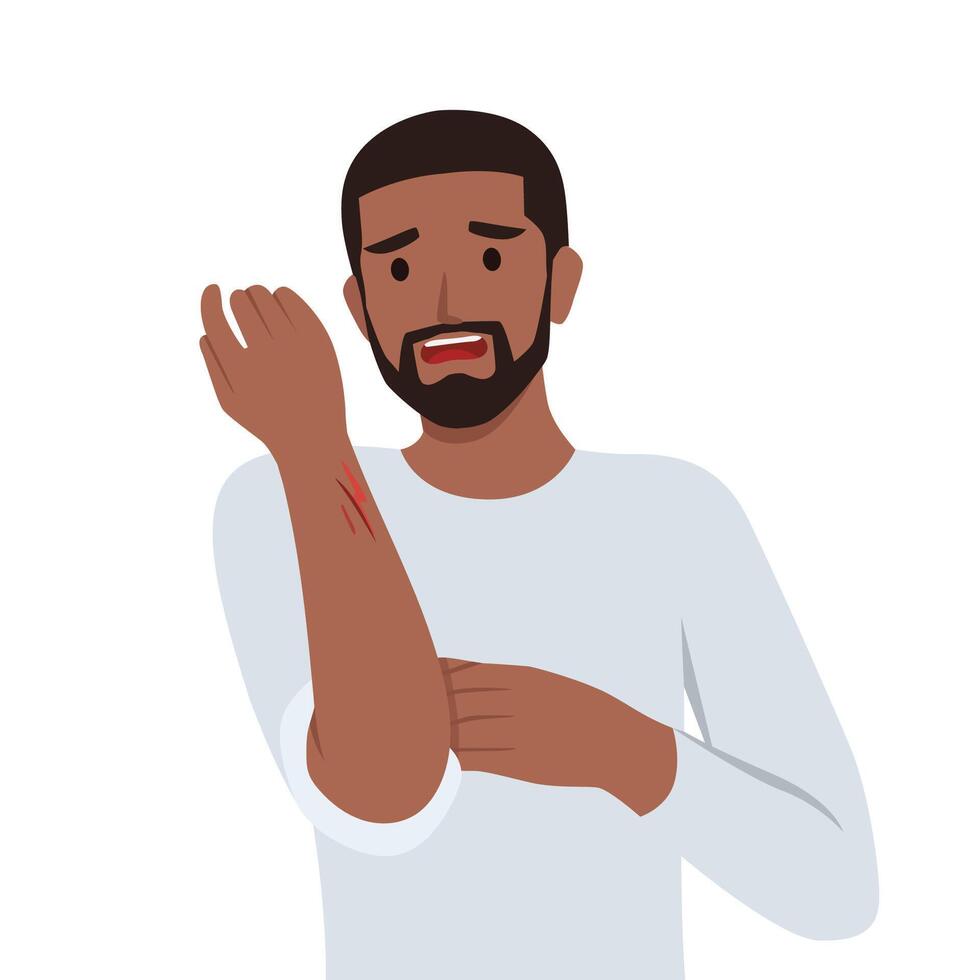 Man examines hand with deep cut or wound. vector