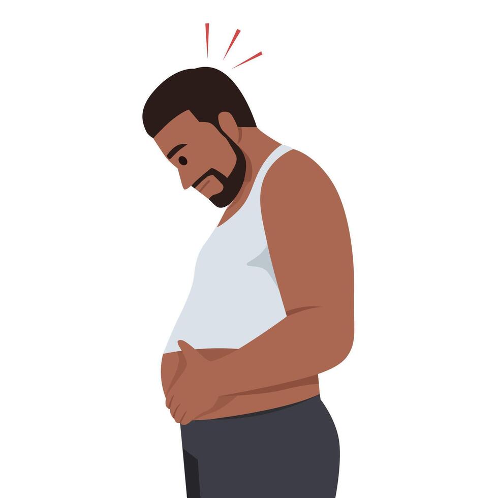 Young fat black man worried about belly fat. vector