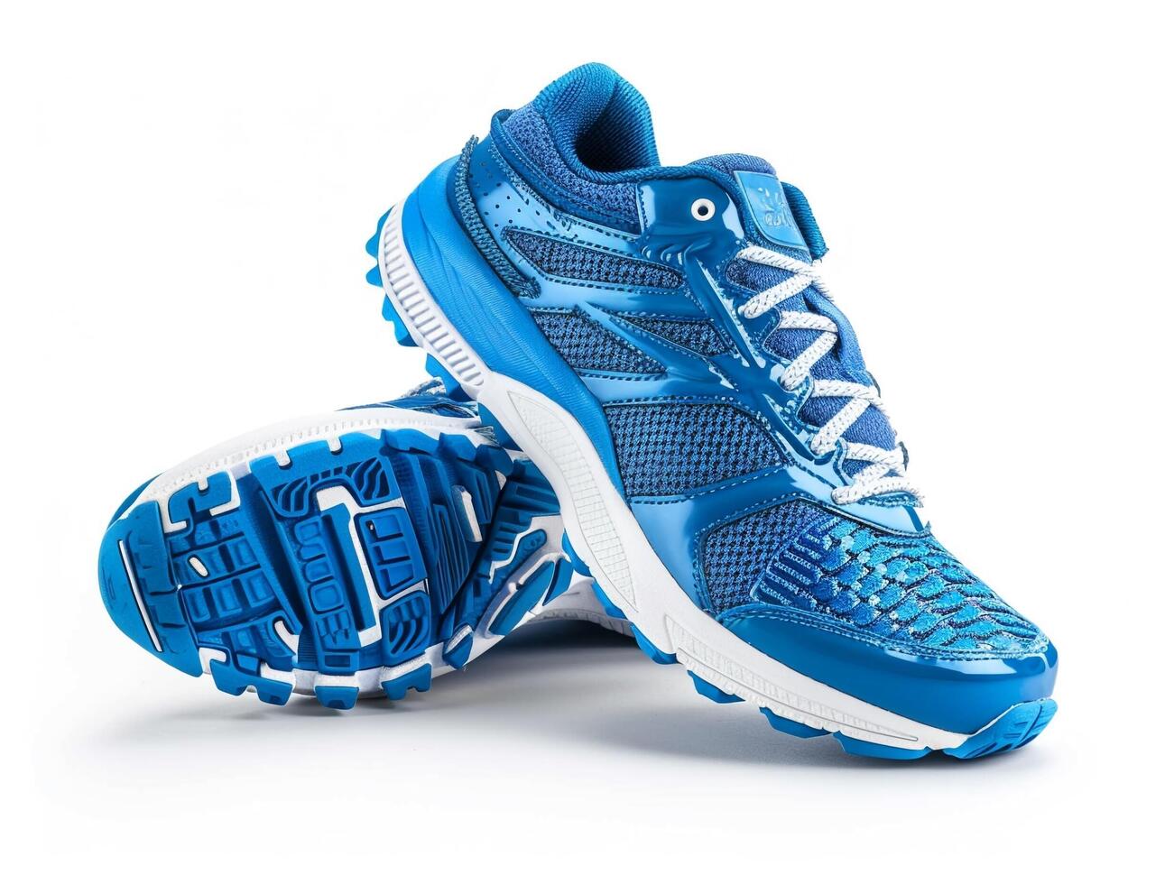 A new pair of blue running shoes on a white background photo