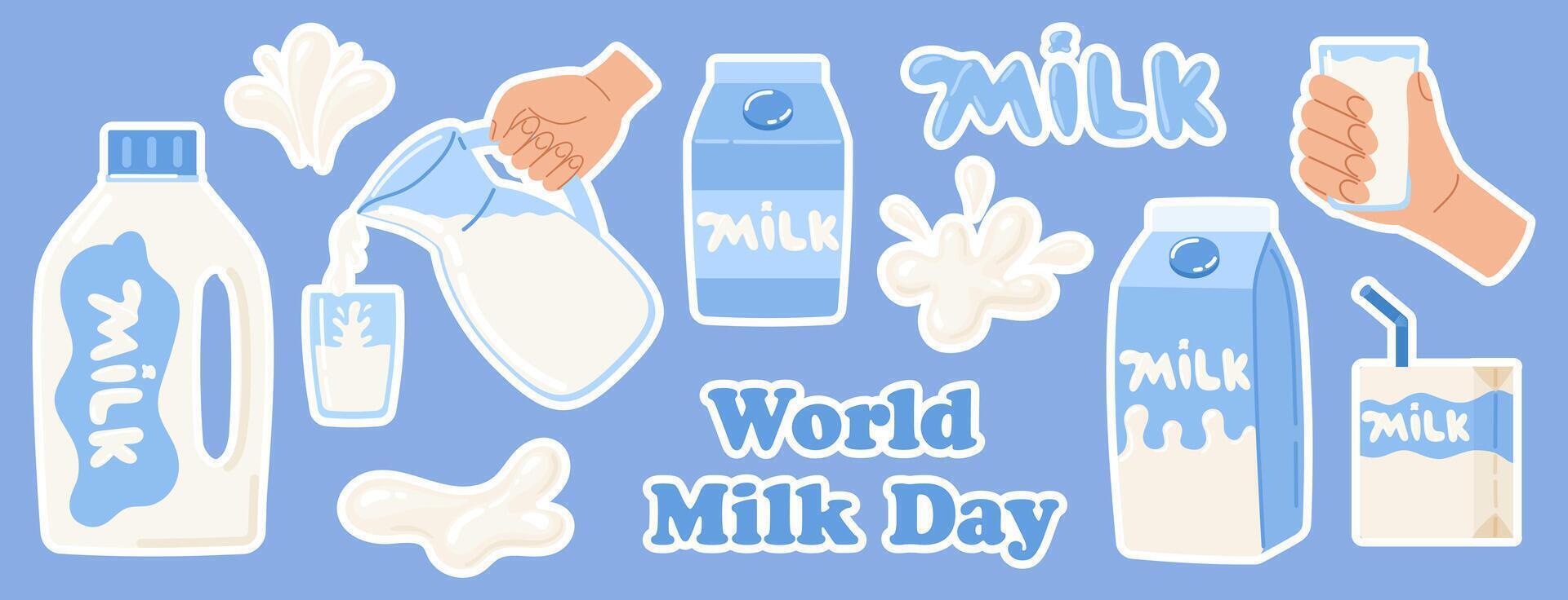 World milk day sticker pack. 1 June. Milk set in different packages. Dairy drops and splash. National dairy month. illustration in flat hand drawn style vector