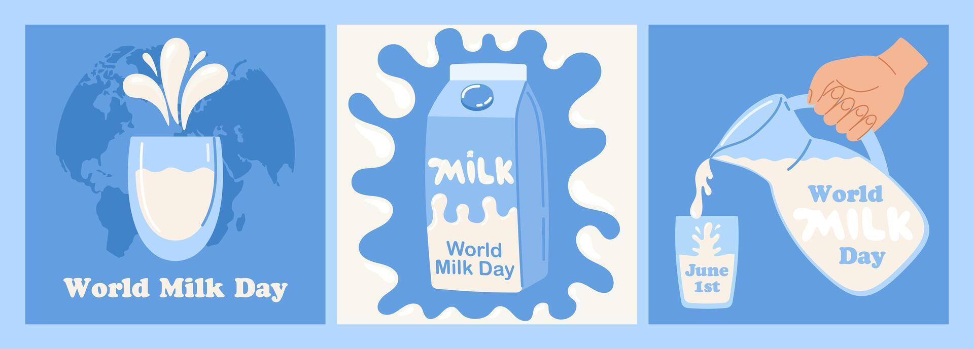 World milk day. 1 June. Banner, card, poster, flyer with dairy drops and splash, milk box, glass. Happy milk day concept. illustration in flat hand drawn style vector