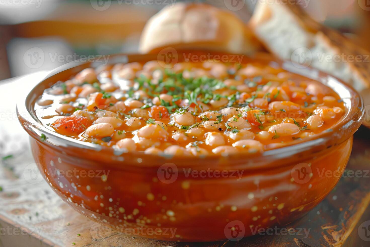 Beans baked in tomato sauce, sprinkled with fresh chopped herbs. photo