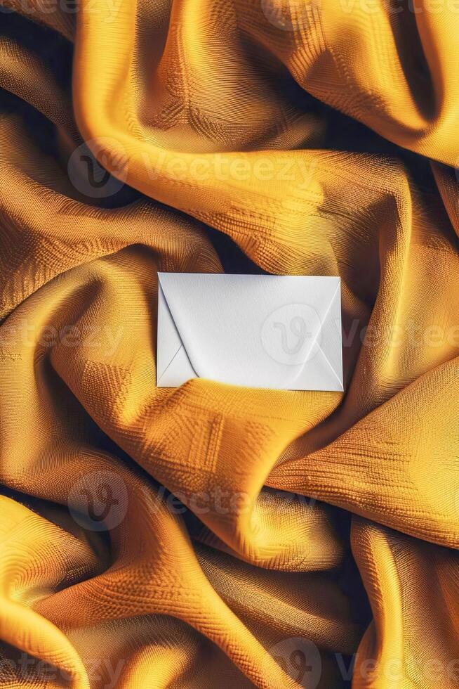 Mock up of white blank envelope on yellow wool jersey. photo