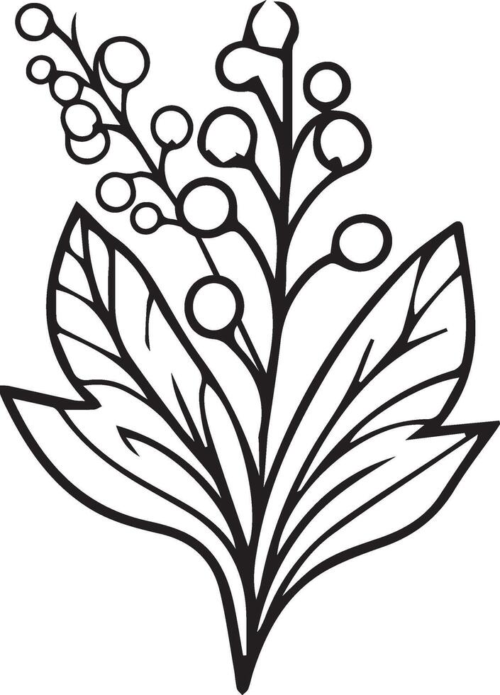 Birth month flower lilly of the valley line art illustrations Lily of The Valley May birth flower black ink sketch. Modern minimalist hand drawn design for logo, lilly or the valley wall art vector