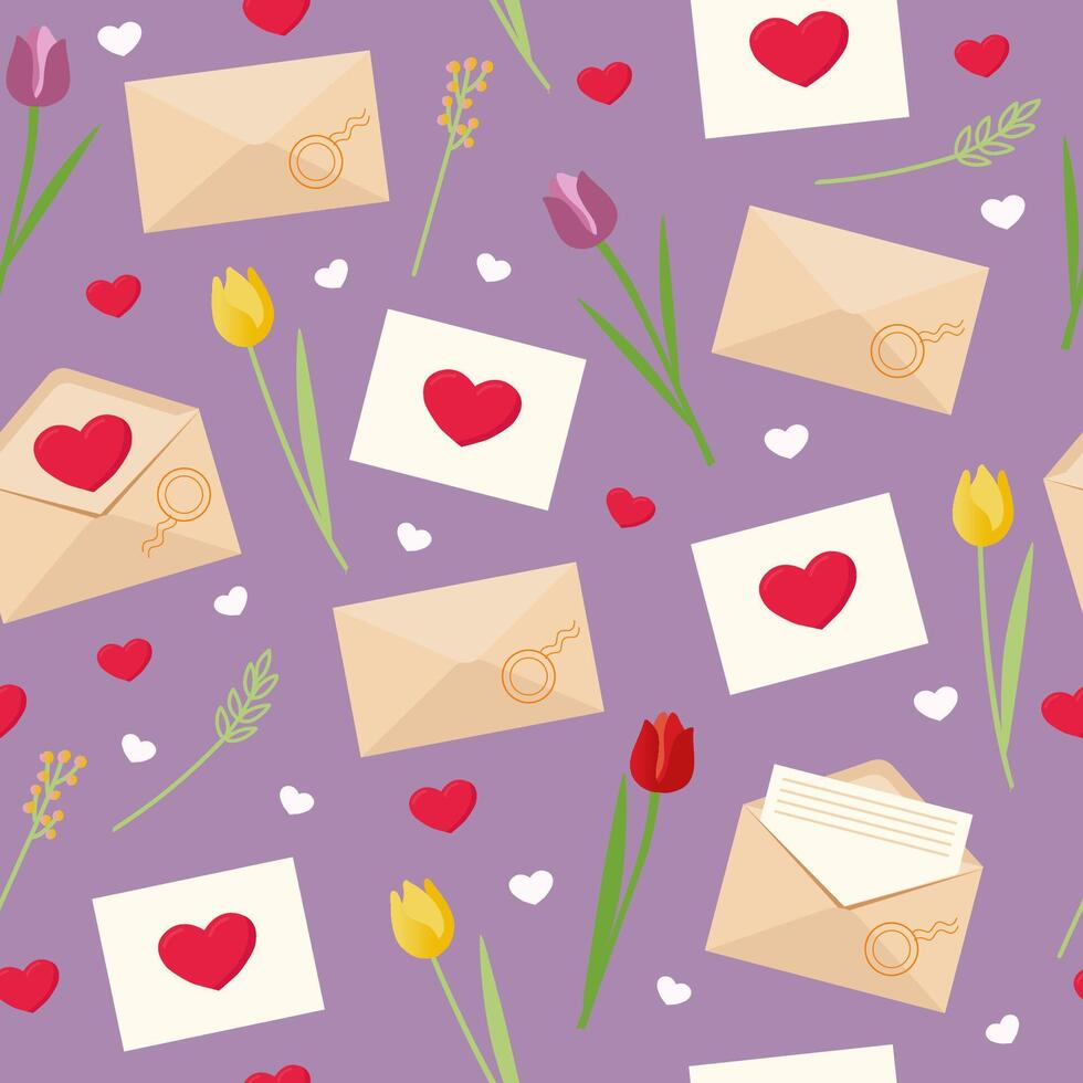 Seamless envelope with hearts and flowers pattern. Valentine's day background. Hearts, letter, envelope. vector