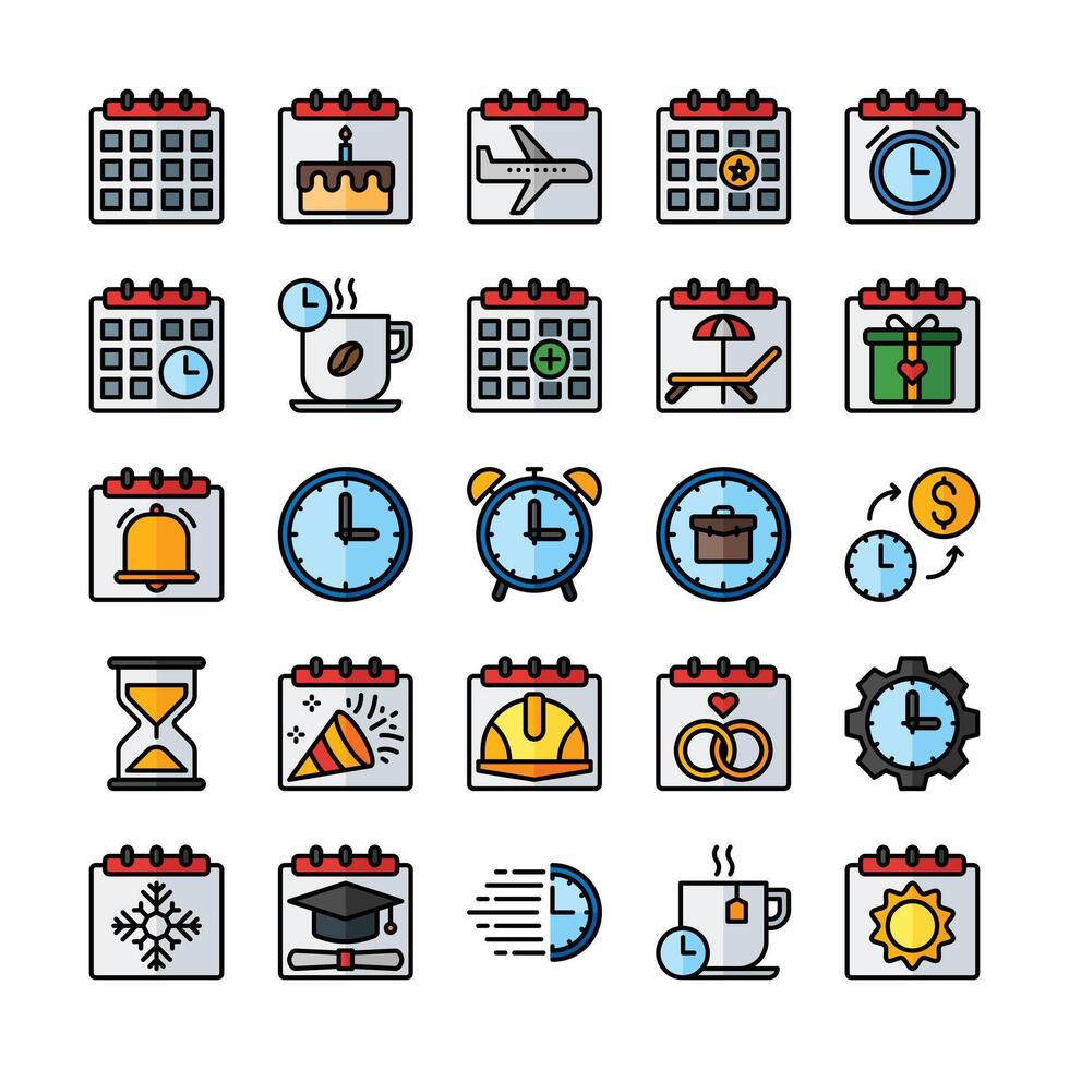 Time and Date icon set in filled line style vector