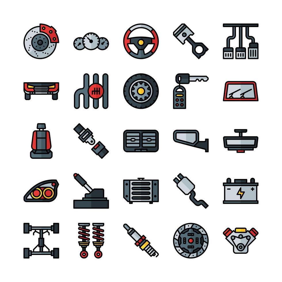 Car parts icon set in filled line style vector