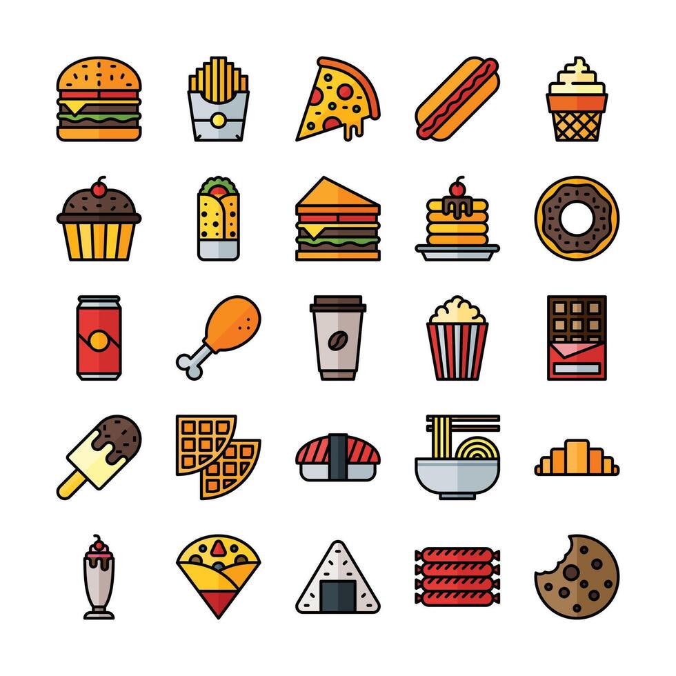 Fastfood icon set in filled line style vector