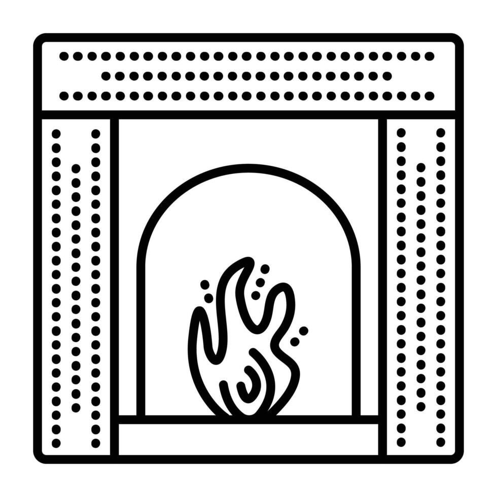 Square fireplace front view, cozy home heating device, single black line illustration, outline monochrome sign vector