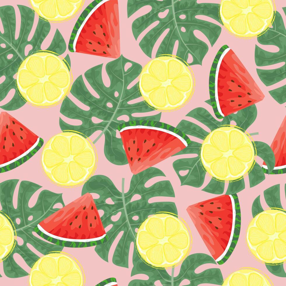 Seamless pattern with hand drawn watermelon, lemon slace and tropical monstera leaves on pink background. vector