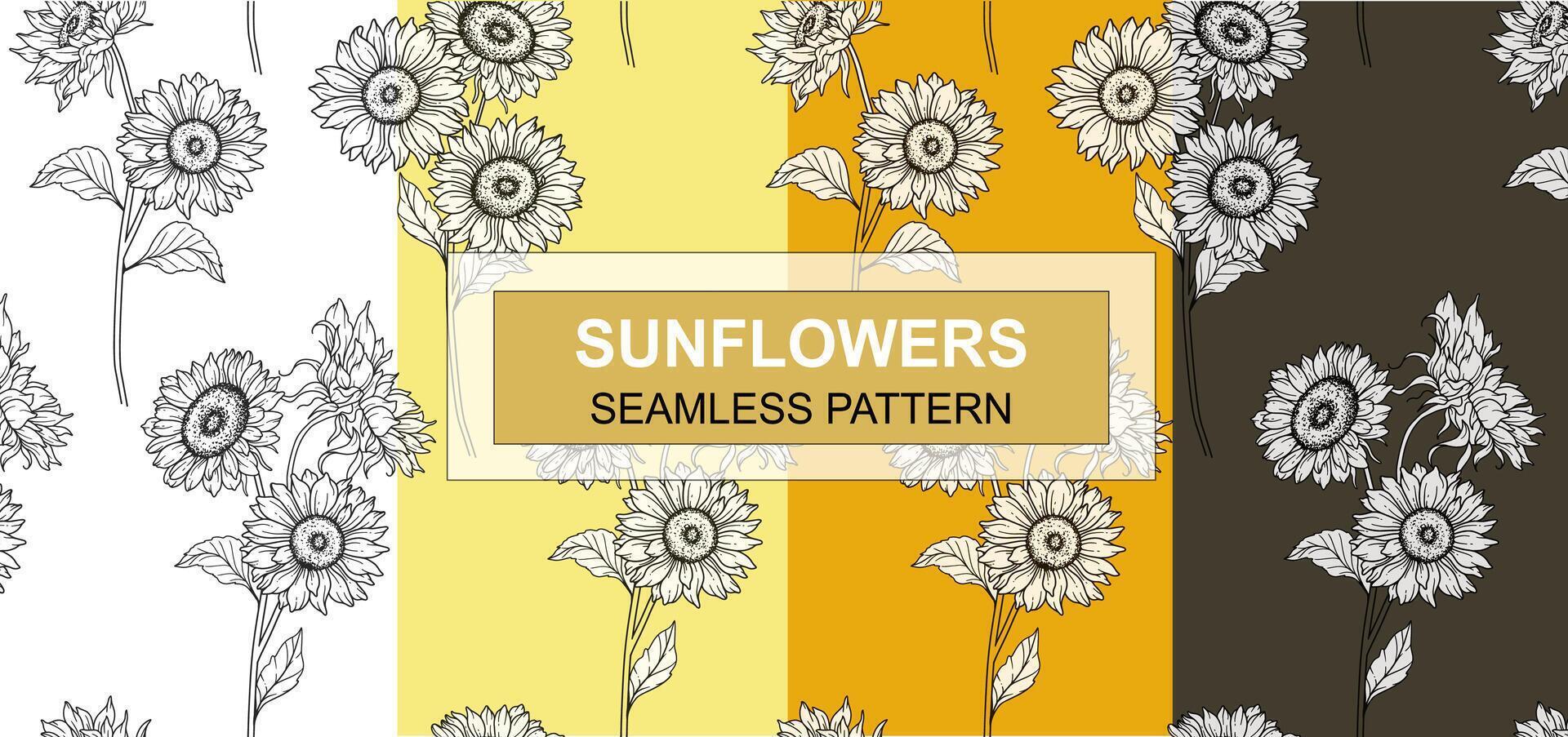 Sunflower Seamless Pattern. Floral Seamless Background. Line Art Flower Seamless Patterns with Greenery. Outline Seamless floral background. Line Drawing Floral Background vector