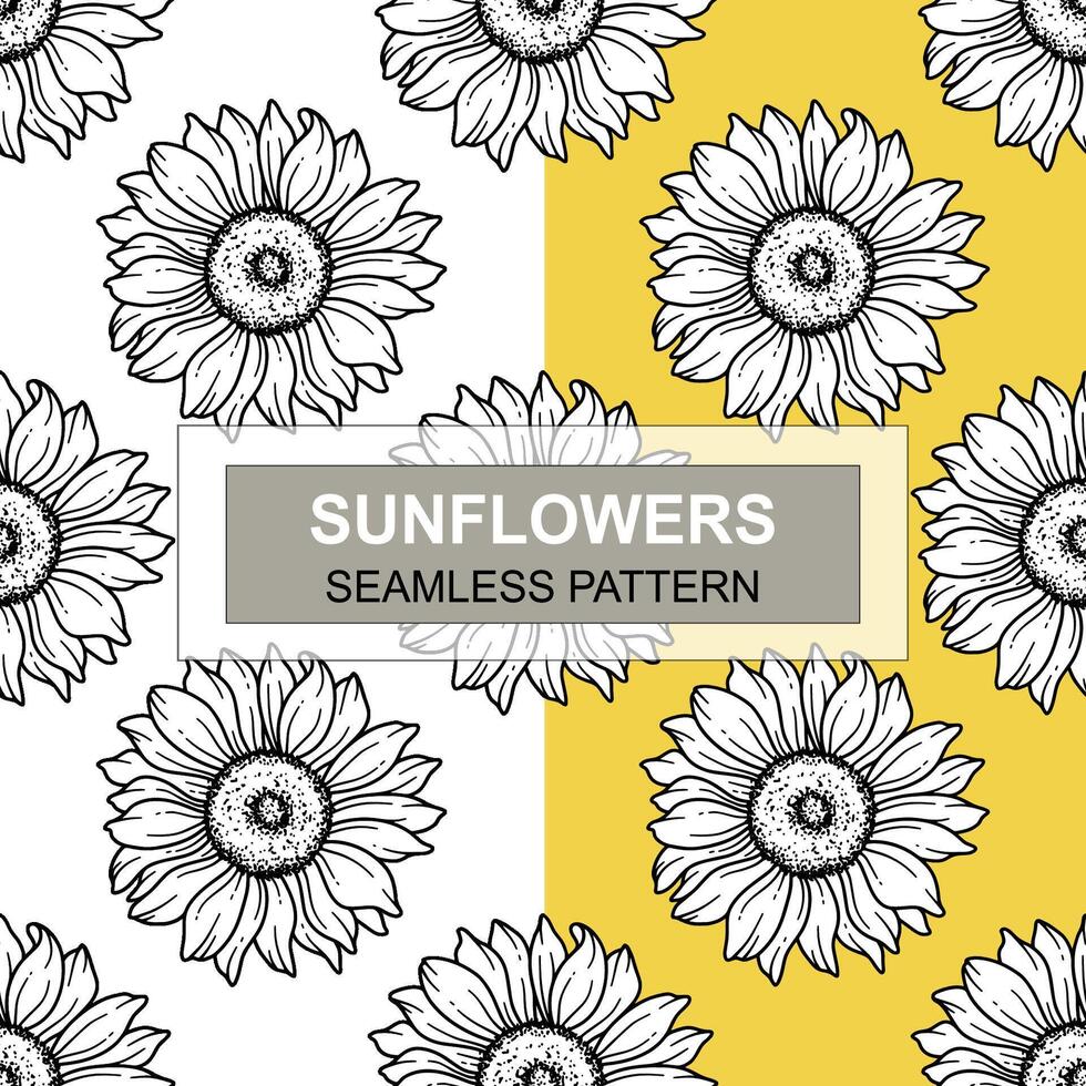 Sunflower Seamless Pattern. Floral Seamless Background. Line Art Flower Seamless Patterns with Greenery. Outline Seamless floral background. Line Drawing Floral Background vector